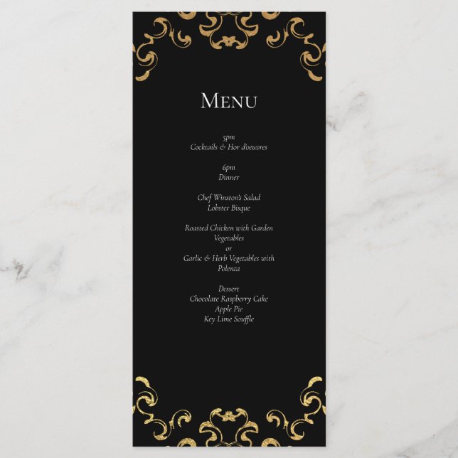 Guld & Black Swirl Gothic Bröllop Meny (Framsida)