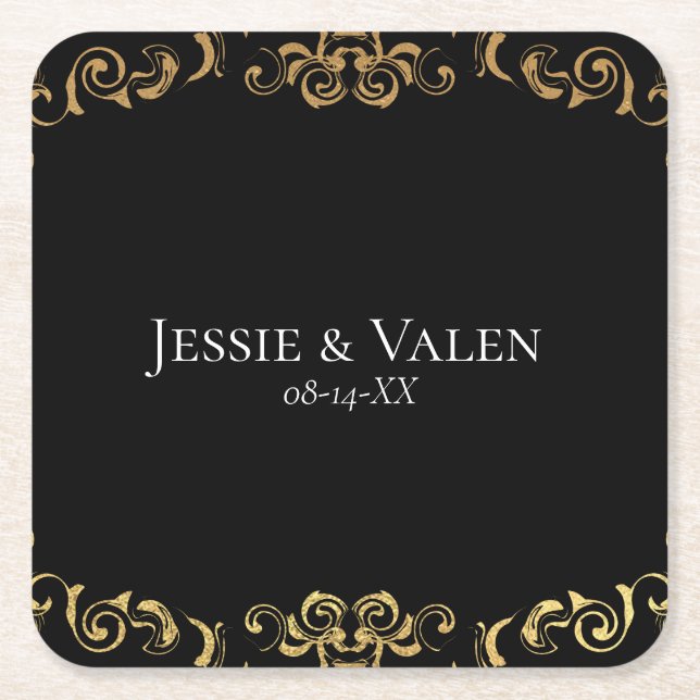 Guld & Black Swirl Gothic Bröllop Underlägg Papper Kvadrat (Framsidan)