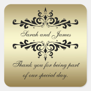 Guld Black Swirls Tack Wedding Favor Fyrkantigt Klistermärke