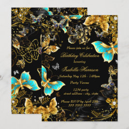 Guld Black Teal Butterfly Blommigt Födelsedagsfest Inbjudningar