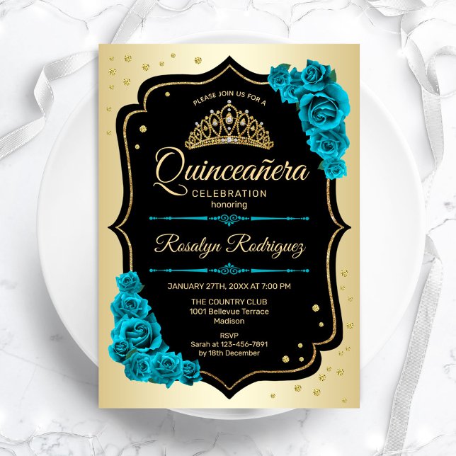 Guld Black Teal Elegant Quinceanera Inbjudningar (Skapare uppladdad)