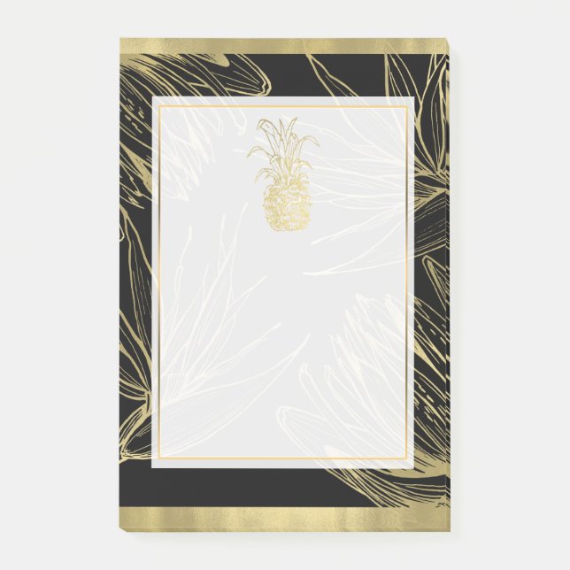 Guld & Black Tropical Pineapple Botaniska Blommigt Post-it Block (Framsida)