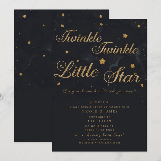 Guld Black Twinkle Stars Night Himmel Baby Shower Inbjudningar (Fram/baksida)