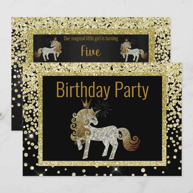 Guld Black Unicorn Gnistra Birthday Inbjudningar (Fram/baksida)