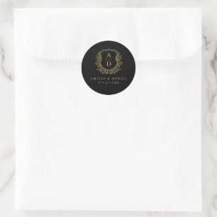 Guld Black Vapensköld Modern Monogram Bröllop Runt Klistermärke