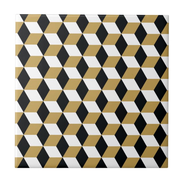 Guld Black & White 3D Cubes Mönster Kakelplatta (Framsidan)