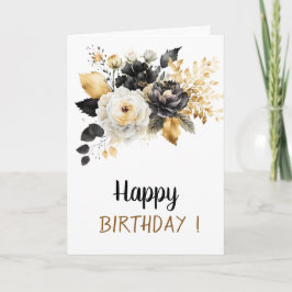 Guld Black White Flowers Birthday Kort