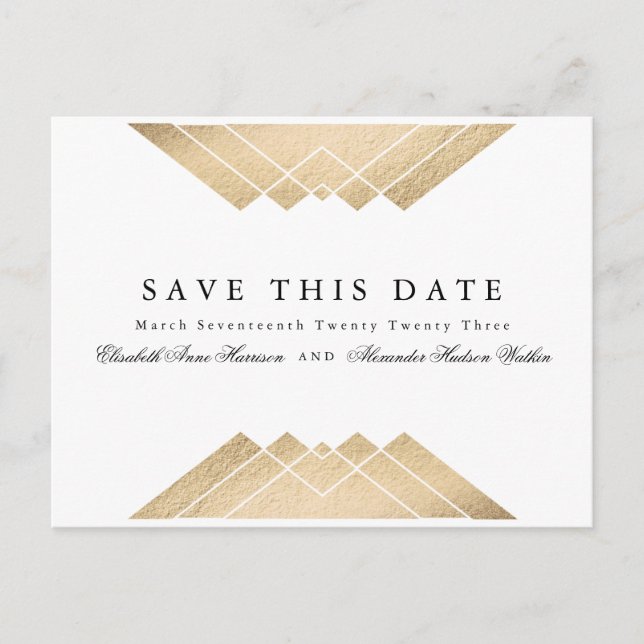 Guld Black & White Geometric Gatsby Save Date Meddelande Vykort (Framsida)