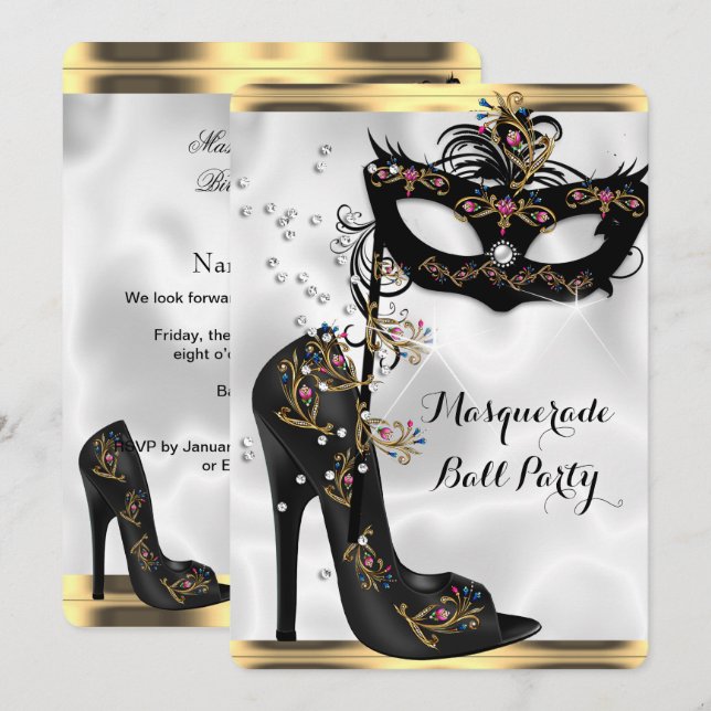 Guld Black White Masquerad Boll Party Mask Jewel Inbjudningar (Fram/baksida)