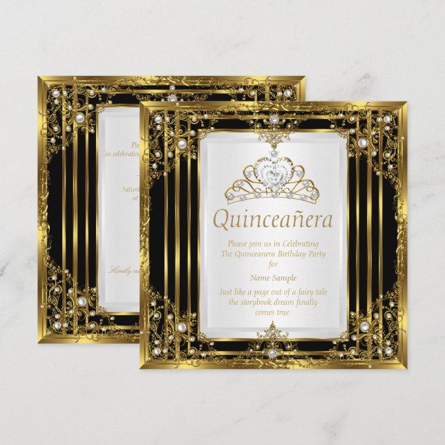 Guld Black White Pearl Princess Quinceanera Inbjudningar (Fram/baksida)