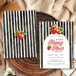 Guld Black White Rand 1:a födelsedag Jordgubbe Inbjudningar