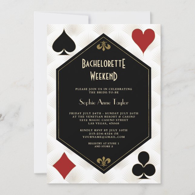 Guld Black White Vegas Casino Bachelorette Helg Inbjudningar (Framsida)