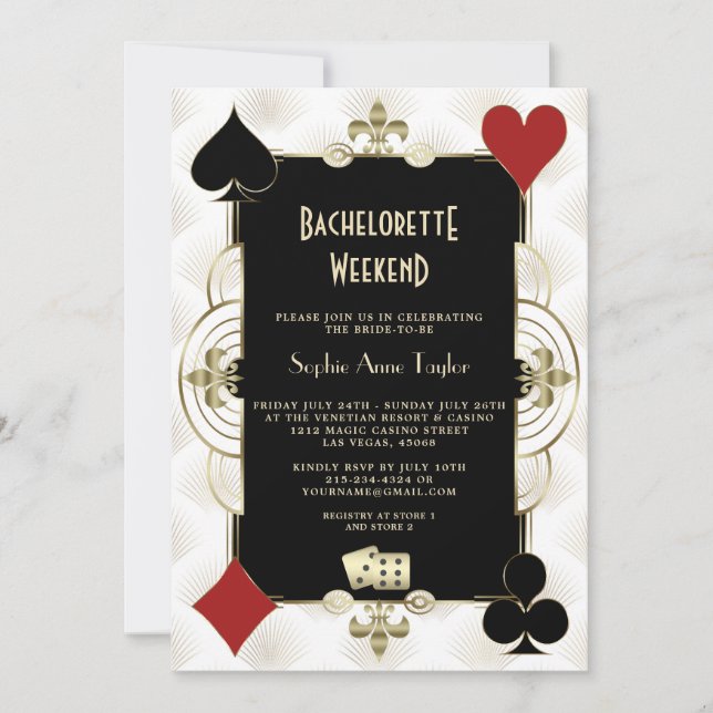 Guld Black White Vegas Casino Bachelorette Helg Inbjudningar (Framsida)