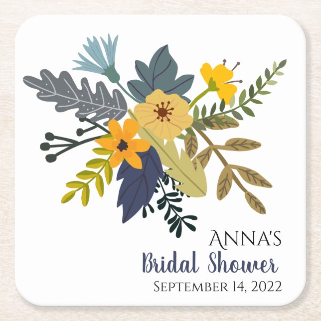 Guld, blått, lila bouquet sommarblommor party underlägg papper kvadrat (Framsidan)