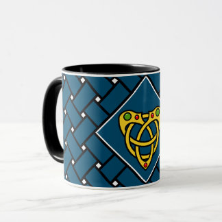 Guld/blått/svart band/vävnad, keltisk hjärtknapp mugg