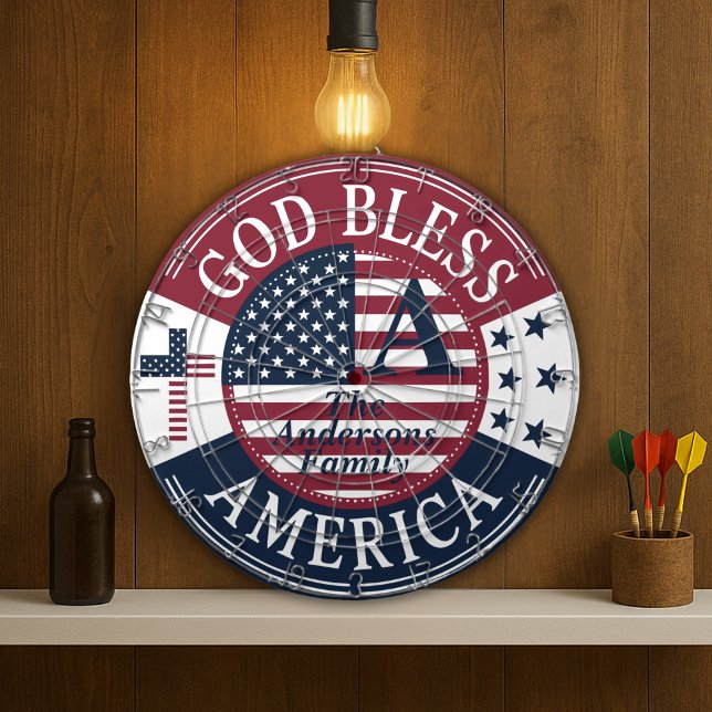 Guld Bless America Anpassningsbar Family Namn 4:e  Darttavla (Gold Bless America Custom Family Name 4th Of July Dart Board
)