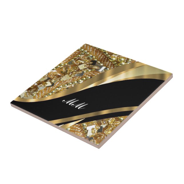 Guld bling & black swirrrl mönster kakelplatta (Sidan)
