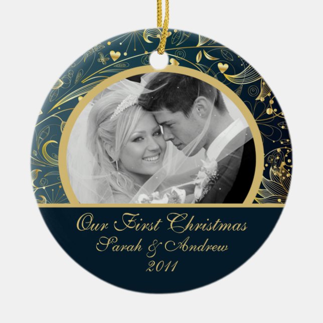 Guld- blom- blått för första julfotoprydnad julgransprydnad keramik (Framsidan)