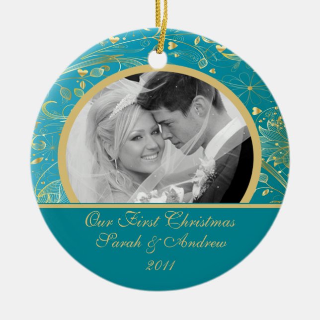 Guld- blom- blått för första julfotoprydnad julgransprydnad keramik (Framsidan)