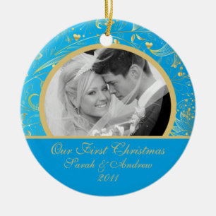 Guld- blom- blått för första julfotoprydnad julgransprydnad keramik