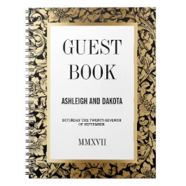 Guld- blom- damast för bröllopGuestbook | på svart Anteckningsbok