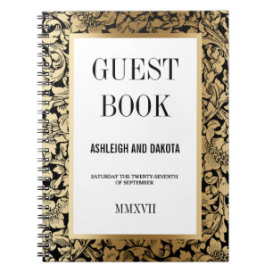 Guld- blom- damast för bröllopGuestbook   på svart Anteckningsbok