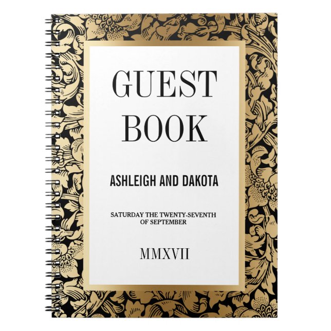 Guld- blom- damast för bröllopGuestbook | på svart Anteckningsbok (Framsidan)
