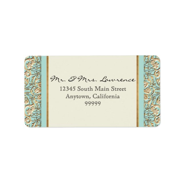 Guld- blom- damastast snöre för art décoNouveau Adressetikett (Framsidan)