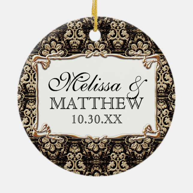 Guld- blom- damastast snöre för art décoNouveau Julgransprydnad Keramik (Baksidan)