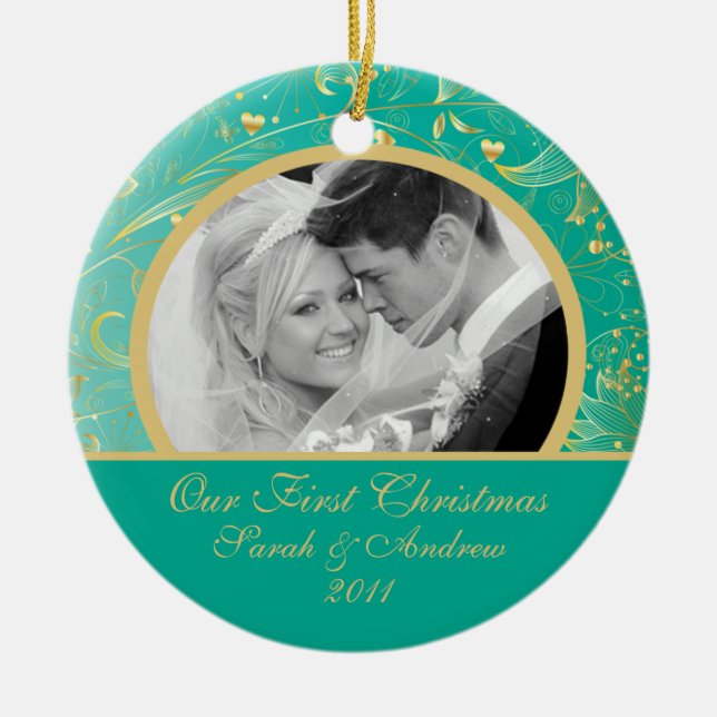 Guld- blom- kricka för första julfotoprydnad julgransprydnad keramik (Framsidan)