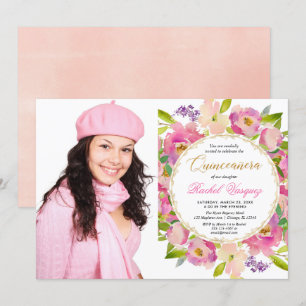 Guld- blom- Quinceanera för rodna rosa korall foto Inbjudningar