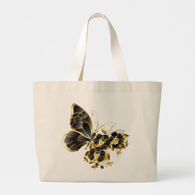 Guld blomfjäril med svart orkidé jumbo tygkasse (Baksida)