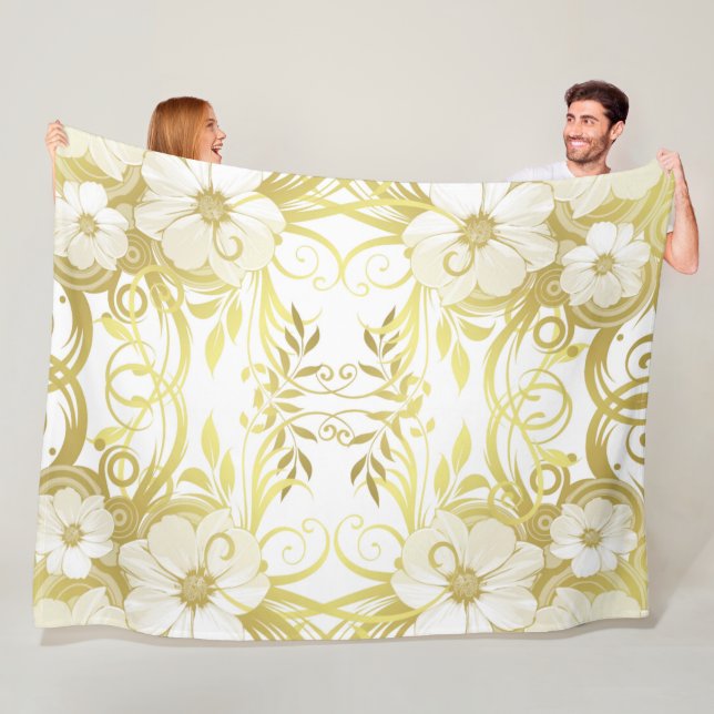 Guld, blomma, fantasi, elegant, mönster, subtil, fleecefilt (På plats)