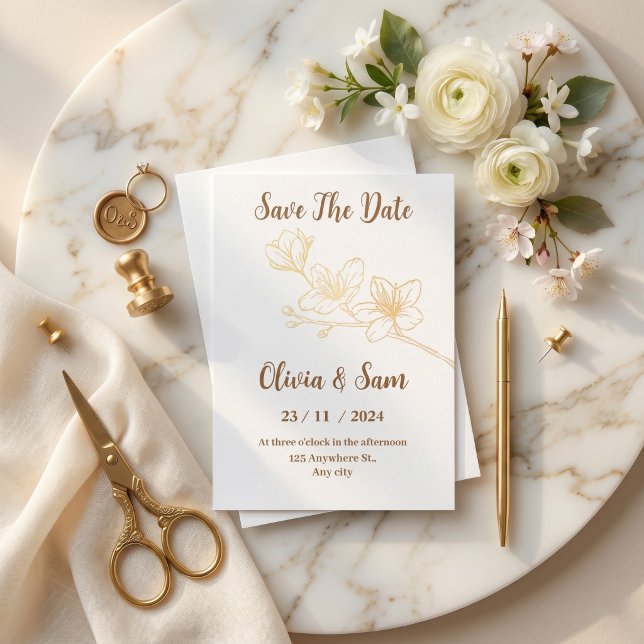 Guld Blomma Minimal Vit Spara Datum Inbjudan (Gold Flower Minimal White Save the Date Invitation)