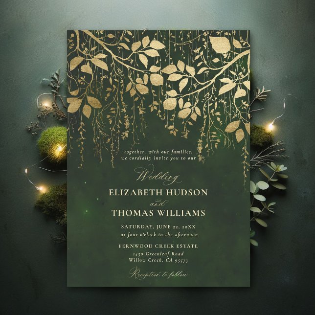 Guld-blomman Hunter Grönt Bröllop Inbjudningar (Enchanted Forest Hunter Green Draped Greenery Modern Calligraphy Elegant Formal Wedding Invitation)