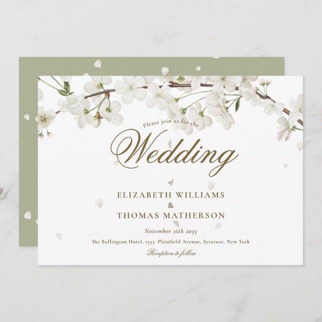 Guld Blommar, vit , Blommigt Bröllop Inbjudningar (Fram/baksida)
