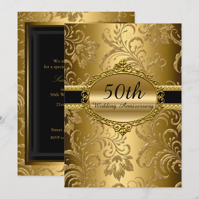 Guld Blommig 50-års Bröllopsinbjudan Inbjudningar (Fram/baksida)