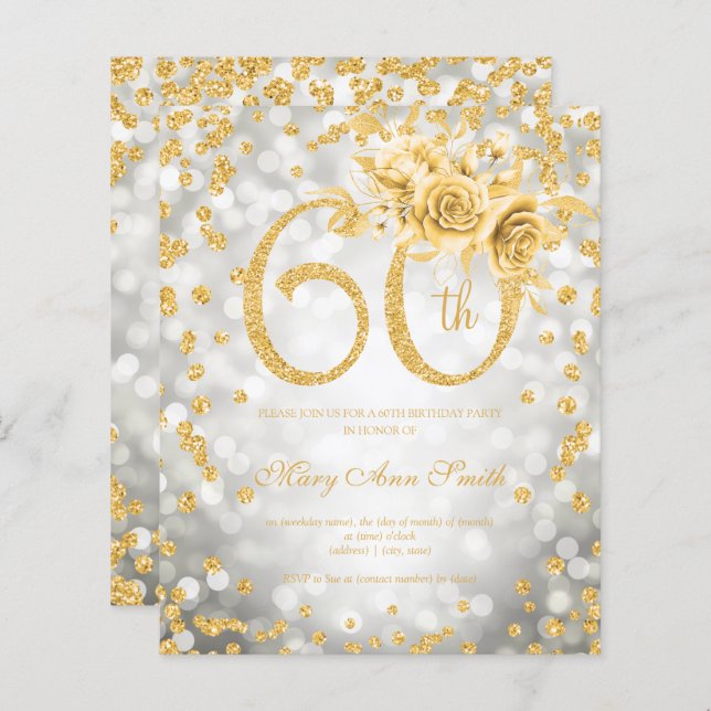 Guld Blommig 60-årsdag Silver Glam Ljus   (Fram/baksida)