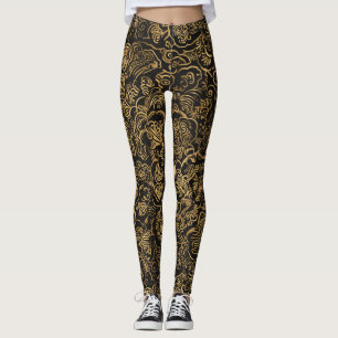 Guld Blommig Barock Mönster på Svart Leggings