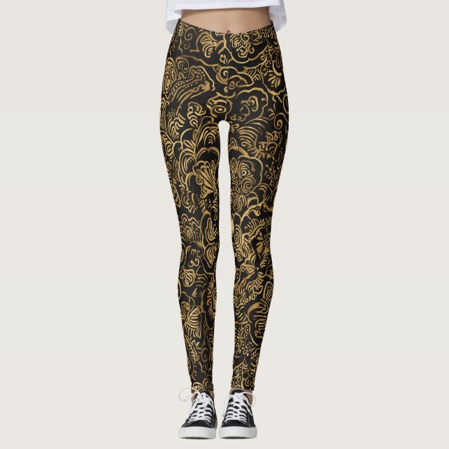 Guld Blommig Barock Mönster på Svart Leggings (Framsida)