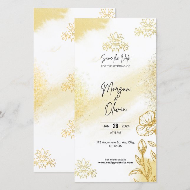Guld Blommig Elegans Spara Datum Bröllopskort (Fram/baksida)