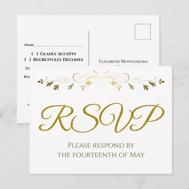 Guld Blommig Filigrans Border Elegant Bröllop RSVP Vykort (Fram/baksida)