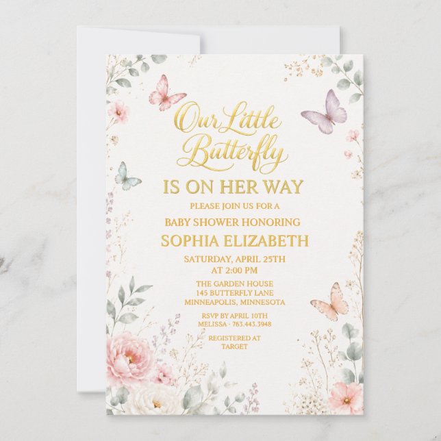 Guld Blommig Fjäril Baby Shower Inbjudningar (Framsida)