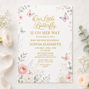 Guld Blommig Fjäril Baby Shower Inbjudningar