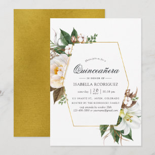 Guld Blommig Geometrisk Quinceañera Inbjudningar