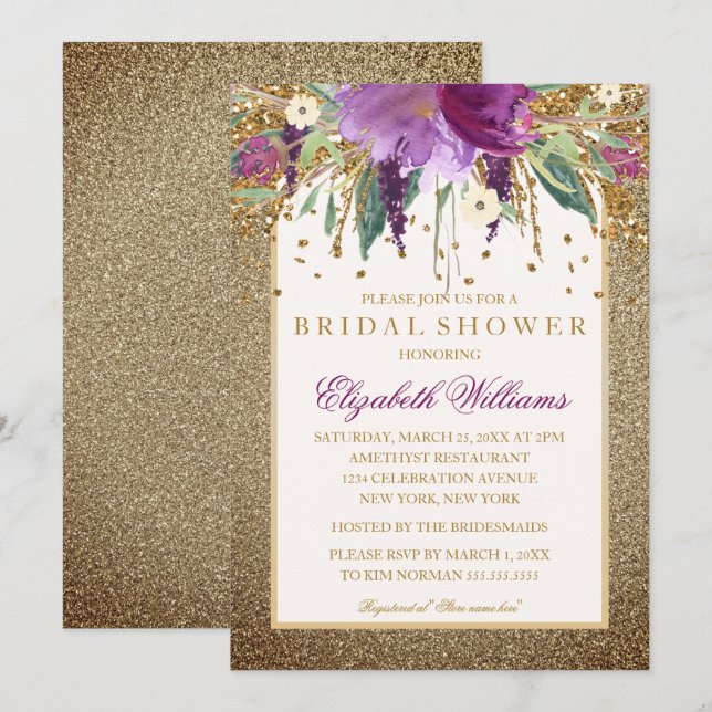 Guld Blommig Glänsande Amethyst Bröllopsdusch Inbjudningar (Fram/baksida)