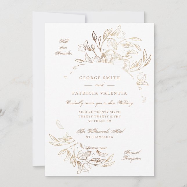 Guld Blommig Handritad Elegant Bröllop Inbjudningar (Framsida)