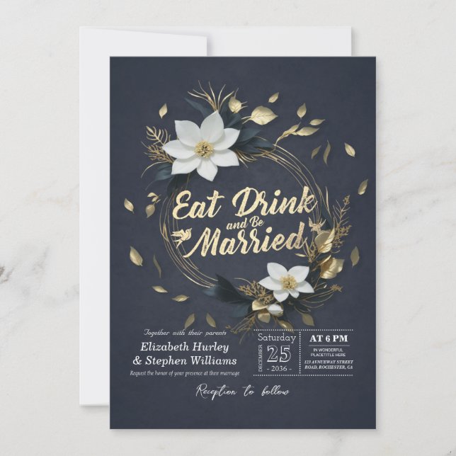 Guld Blommig Krans ÄT Drick & Var Gift Bröllop Inbjudningar (Framsida)