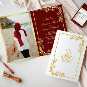 Guld Blommig Maroon Foto Muslimsk Bröllop Folierat Kort