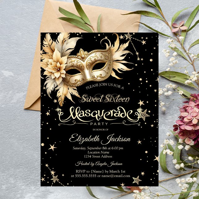 Guld Blommig Maskstjärnor Sweet 16 Inbjudningar (Skapare uppladdad)